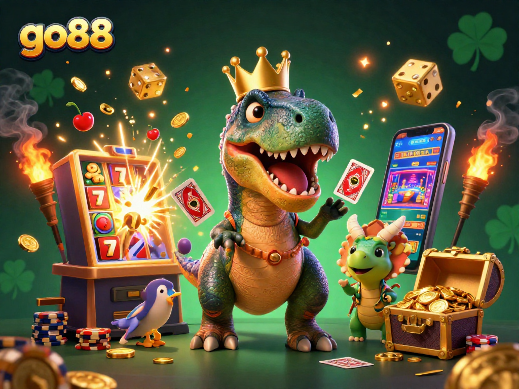 Engaging go88 illustration depicting a T-Rex card-shuffling, with casino-themed elements like chips and slot machines.