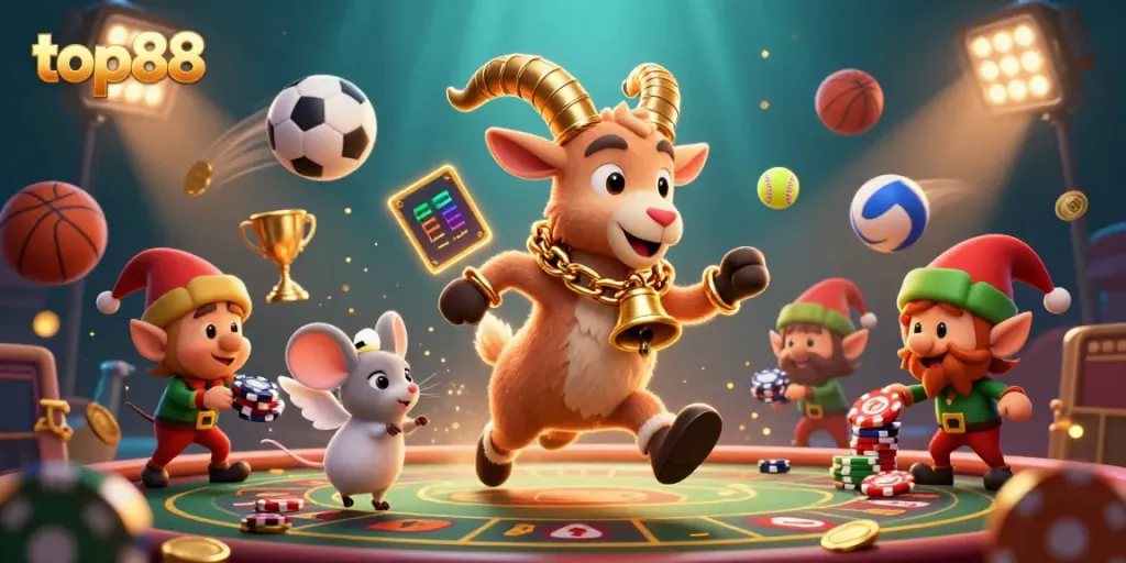 Experience thrilling gaming adventures at top88 with lively cartoon characters in a dynamic casino scene.
