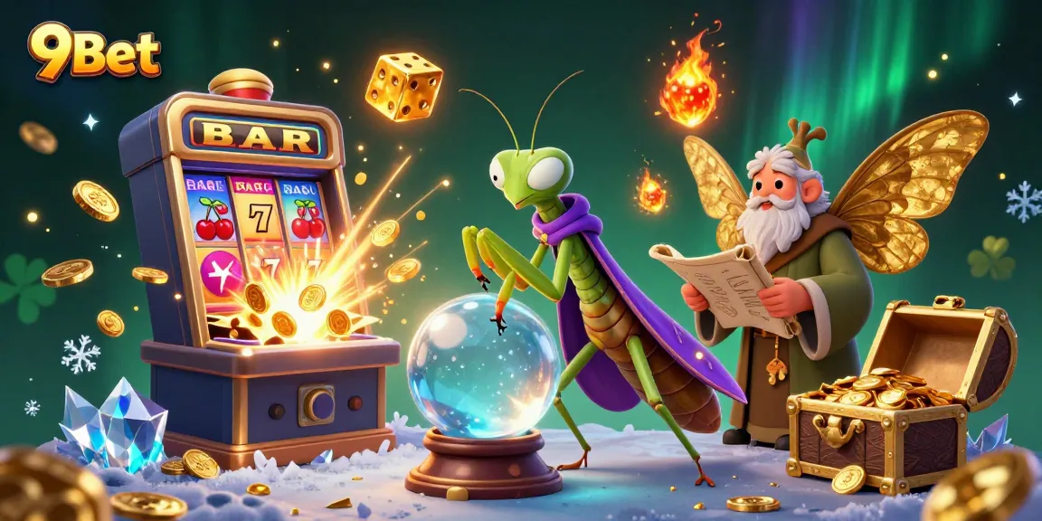 9Bet-themed illustration with a fortune teller and mystical elements, highlighting casino excitement and gameplay.