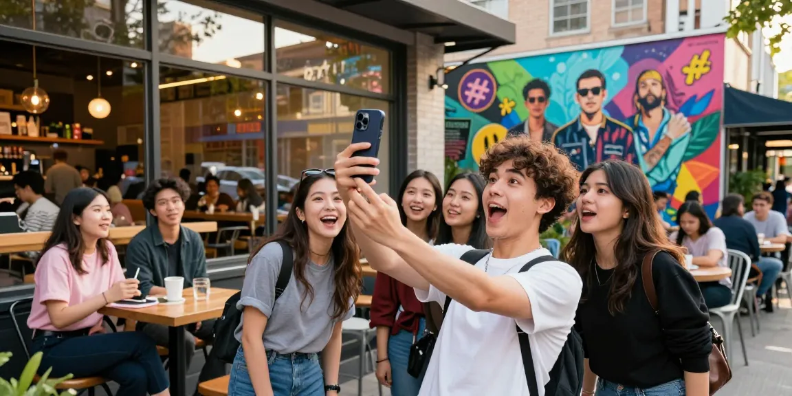 Person using a smartphone to find look like celebrities among friends in a vibrant café setting.