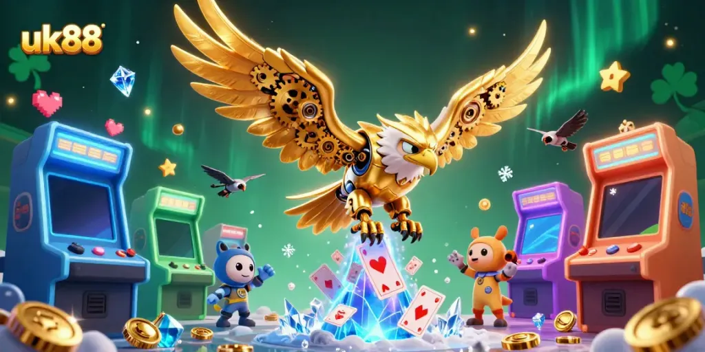 Experience thrilling gameplay at uk88 with a dynamic, cybernetic eagle diving through holographic cards.
