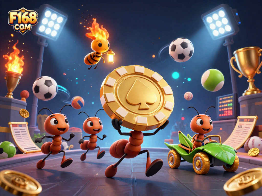 Engage in thrilling action with F168 COM as animated ants carry a massive poker chip in a colorful casino adventure.