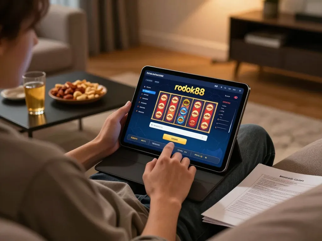 Scene menarik seorang pemain menggunakan login slot rokok88 di tablet dalam setting rumah yang nyaman, menyoroti praktik perjudian strategis.