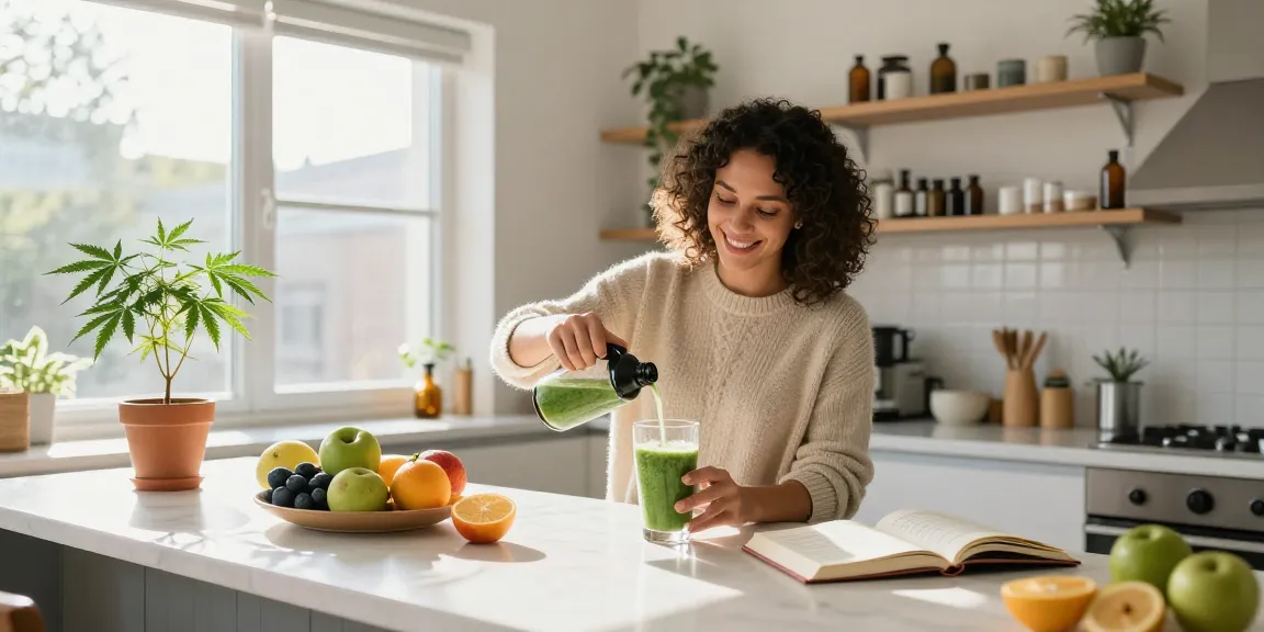 Ministry of Cannabis CBD oil tincture being incorporated into a healthy smoothie, highlighting premium natural wellness elements for a balanced lifestyle.