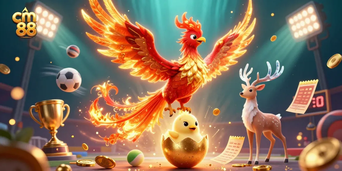 Engage with cm 88’s fiery phoenix and mystical stag in this vibrant 3D illustration.