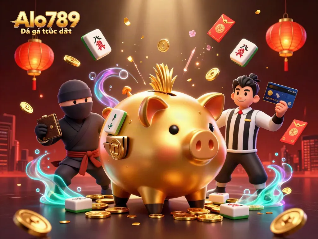 Alo789 Đá gà trực tiếp features playful 3D characters and vibrant casino elements celebrating gambling excitement.