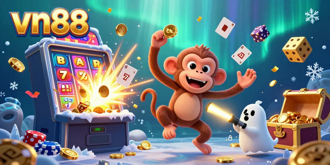 Exciting vn88 casino scene with a playful monkey and ghost-hunter puppy amidst a jackpot explosion.