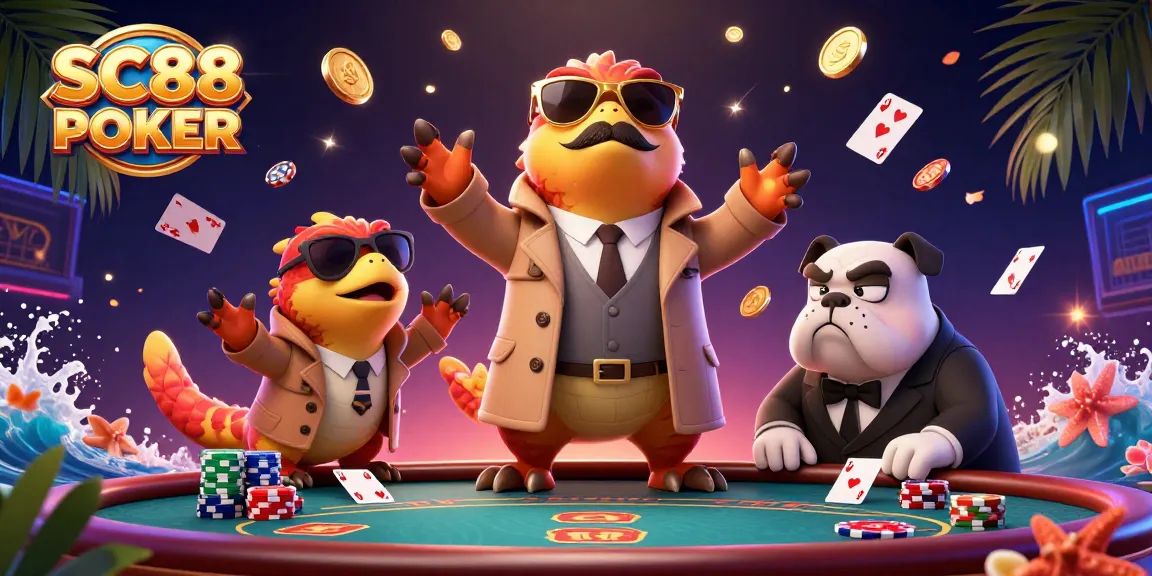 Experience SC88 POKER with raptors in a trench coat sneaking into a vibrant casino scene.
