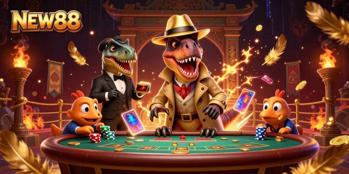NEW88 showcases a dynamic scene where a velociraptor card counter cleverly blends in at a blackjack table.