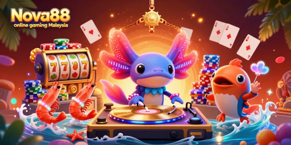 Experience the excitement of Nova88 online gaming Malaysia with vibrant characters and colorful slot elements.