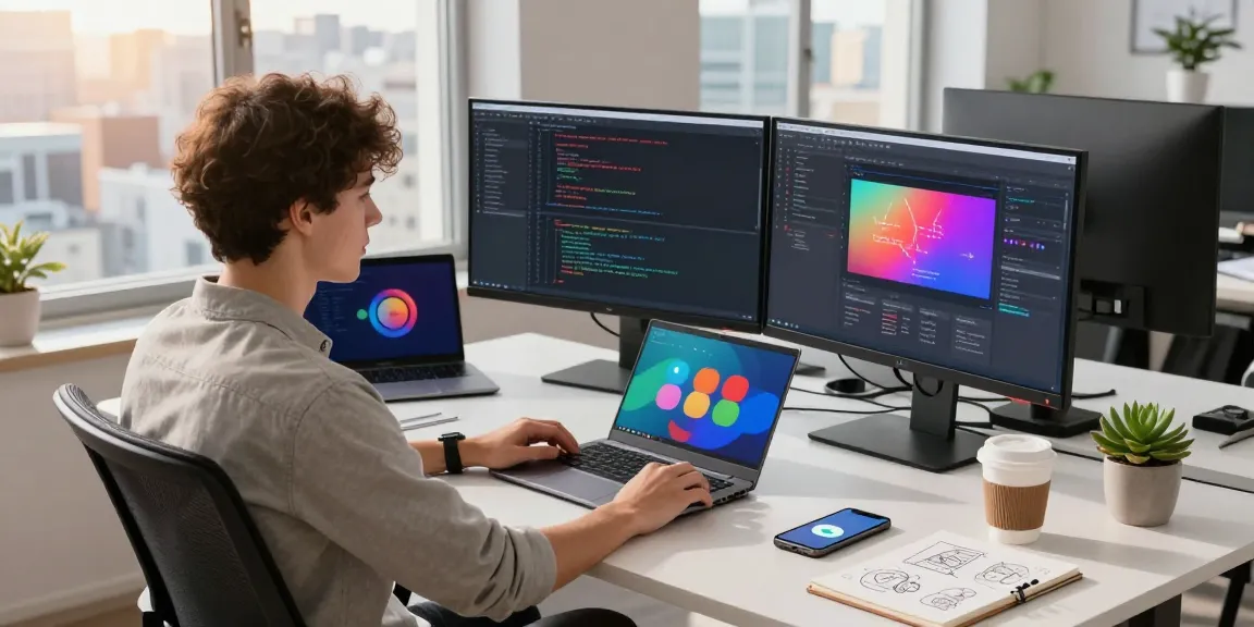 Developer in a tech workspace with code on screens and Telegram open, highlighting teiegramin.com.