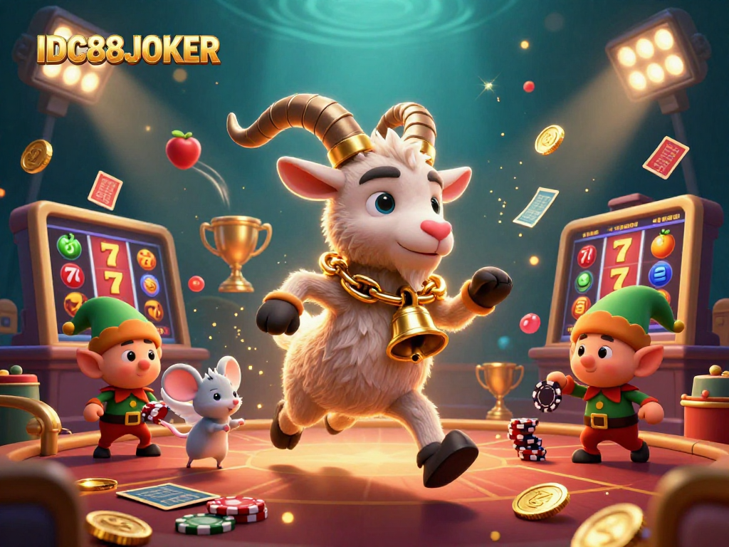 Experience thrilling gaming action on IDC88JOKER, featuring festive casino characters amid slot machines and golden coins.