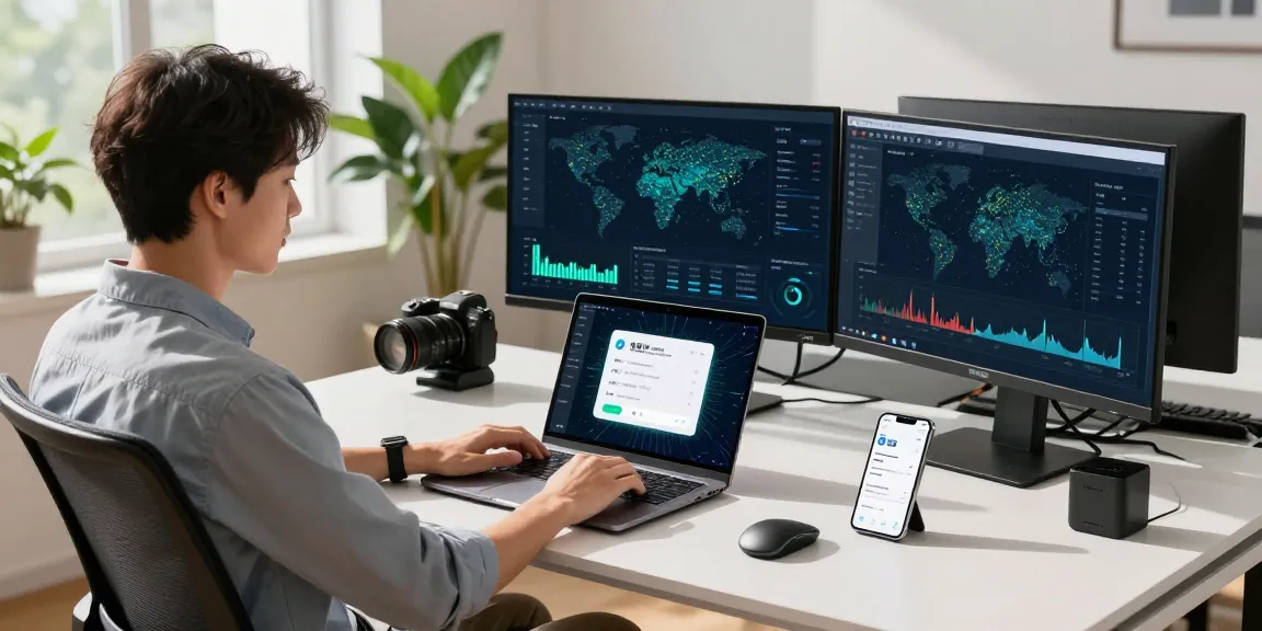 Efficient workspace showcasing 快连 application performance on multiple screens.