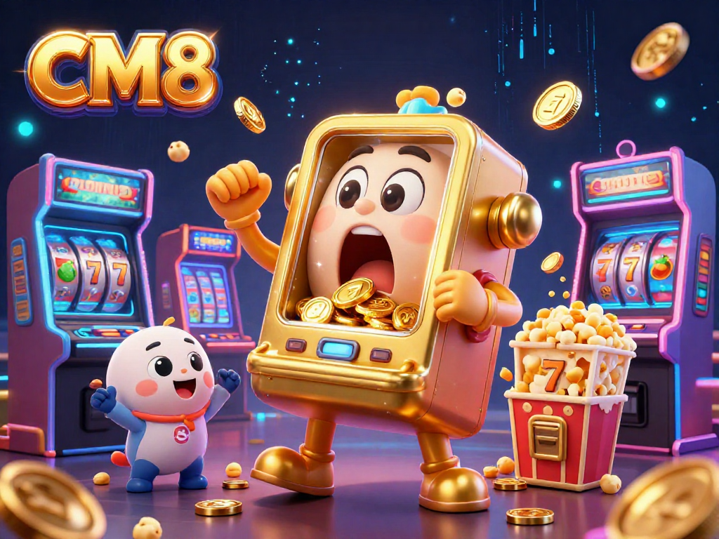 CM8 slot machine hits jackpot, showering coins amidst lively arcade elements.