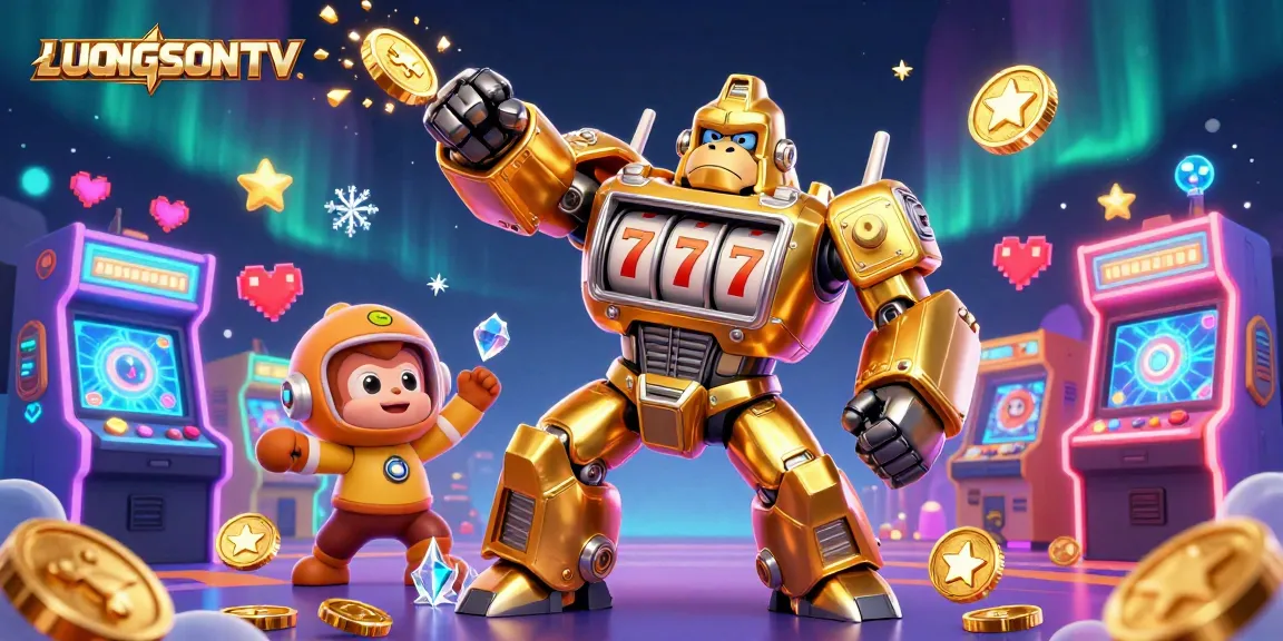 LUONGSONTV offers an exciting gaming experience featuring a golden gorilla mech and vibrant casino elements.