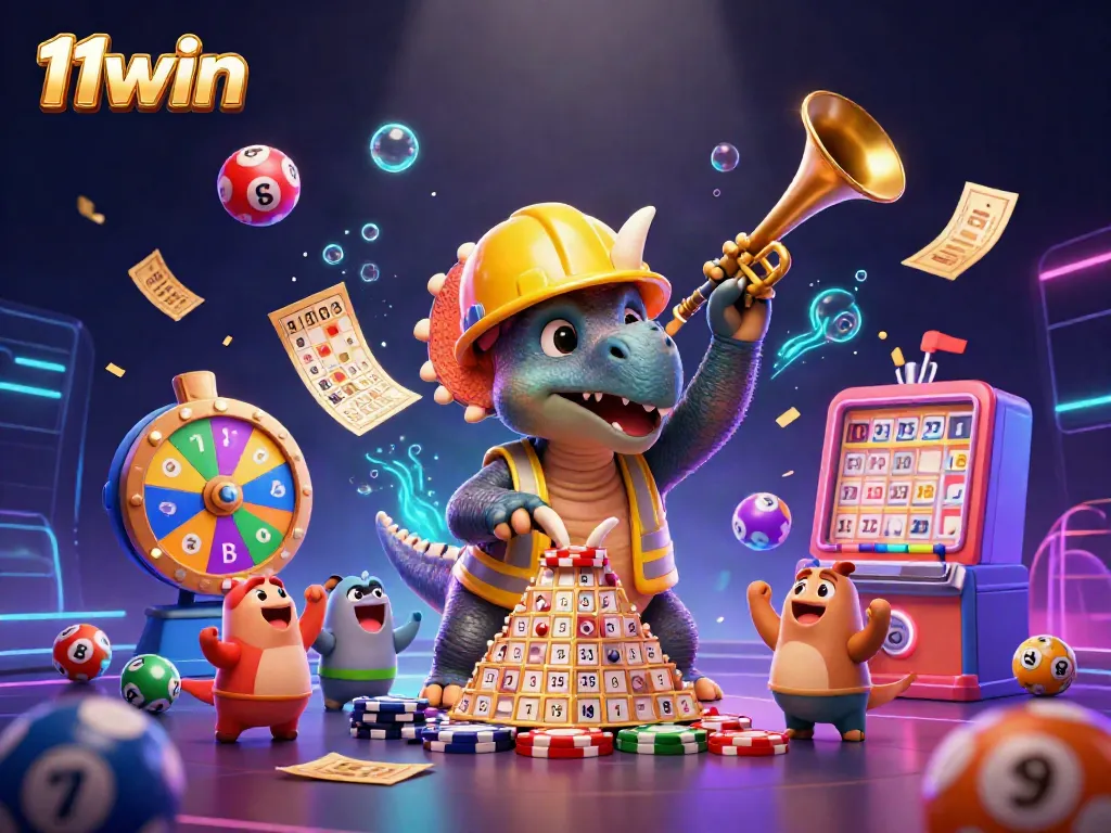 Players win with engaging games at 11win, featuring dynamic poker chip pyramids, vibrant lottery elements.