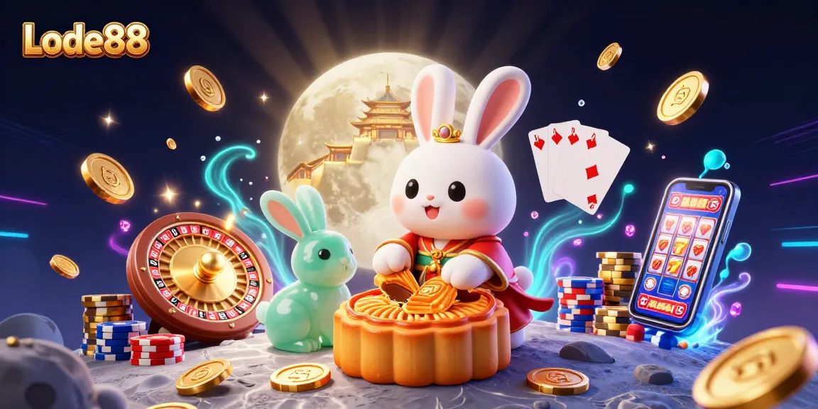 Lode88 features a vibrant scene with a moon rabbit, poker chips, and dynamic casino elements.