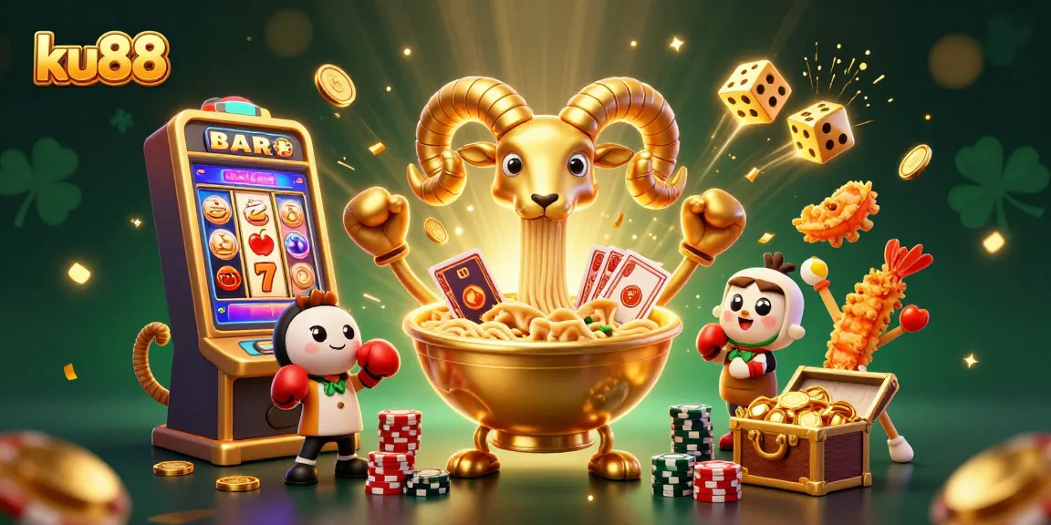 ku88 showcases a vibrant scene with a golden ramen bowl dealer, slot machine, and lively casino elements.