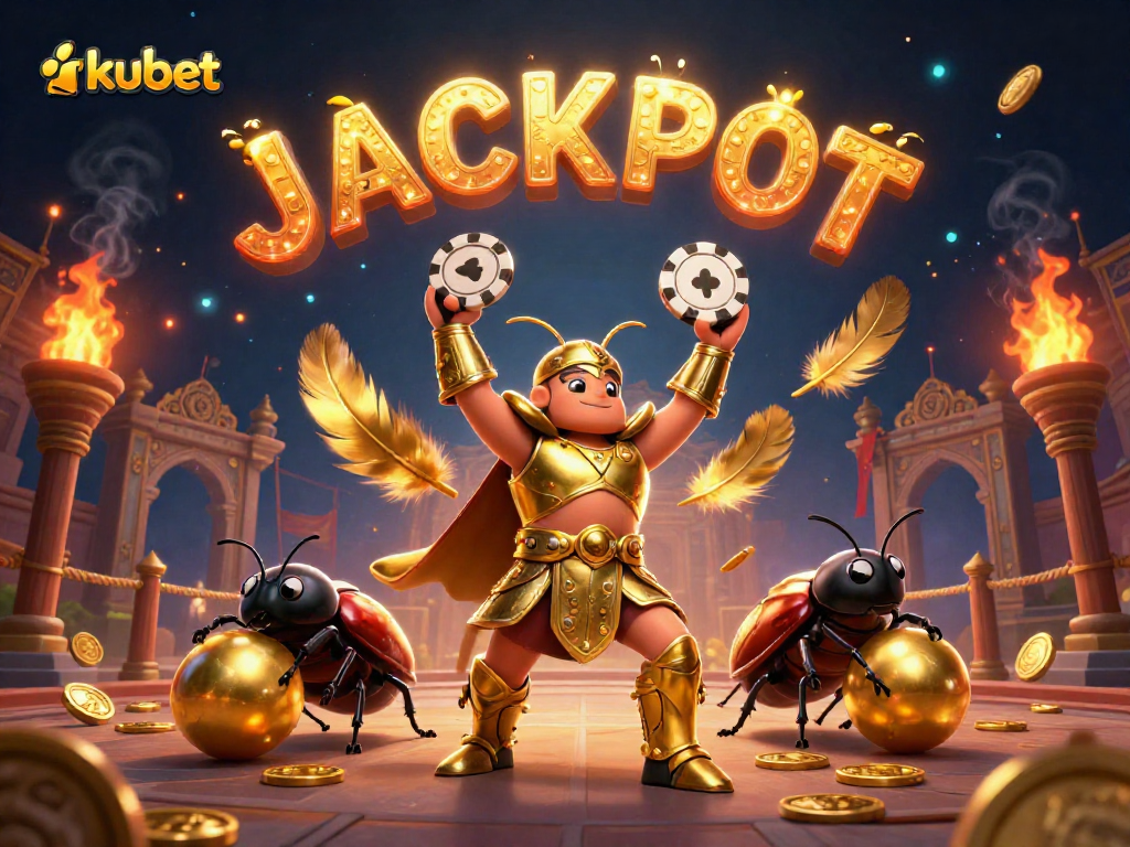 Celebrate your kubet wins with vibrant 3D beetles amidst casino elements and firefly magic.