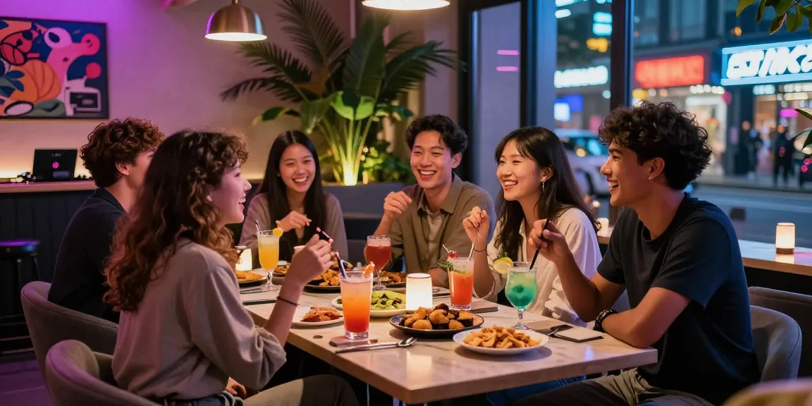 Friends enjoying a vibrant night out at a Korean OP lounge in the city, highlighting the lively atmosphere and 오피코리아 services.