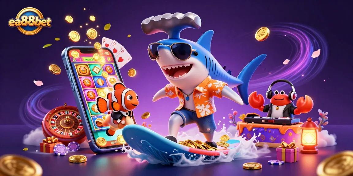 Experience thrilling gameplay with ea88bet, featuring vibrant casino characters surfing on gold coins among dynamic gambling elements.