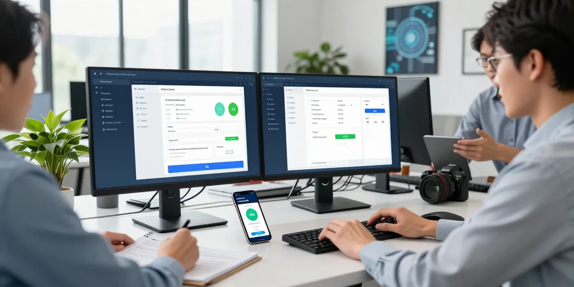 IT professional utilizing an age verification system in a modern office, showcasing integration with software interfaces and collaborative workspace.