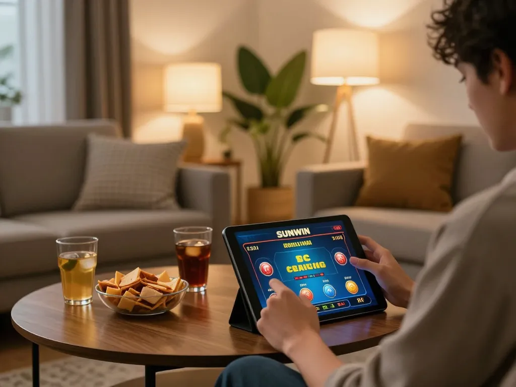 SUNWIN player enjoying a live casino game on tablet in cozy living room setting