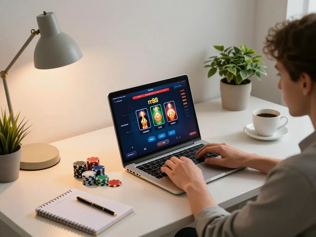 Enjoying rr88 online casino gaming on a laptop with chips and strategy notes in a cozy home office