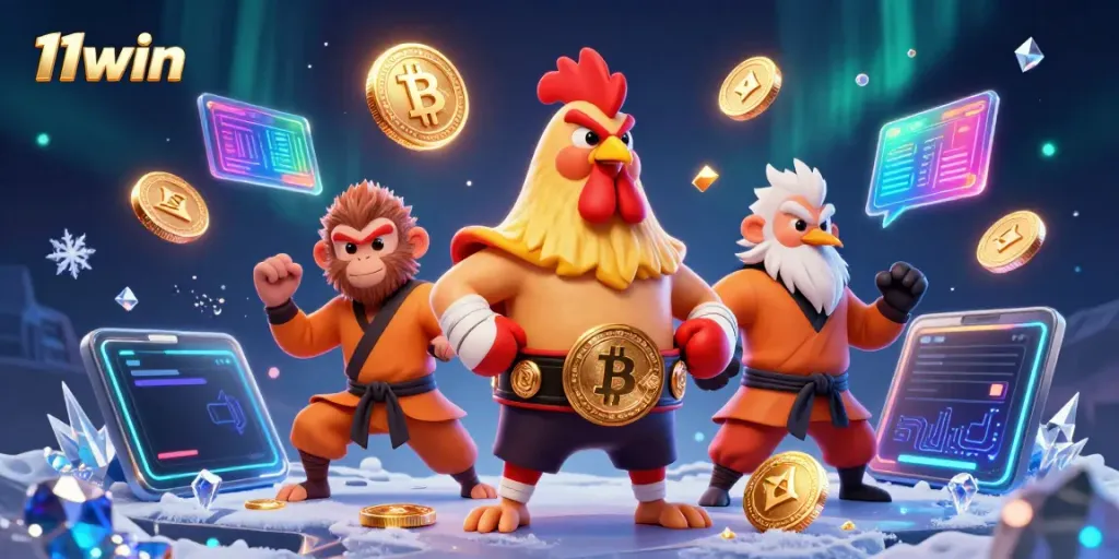 Experience thrilling moments at 11win with a dynamic scene of cartoon characters and crypto elements.