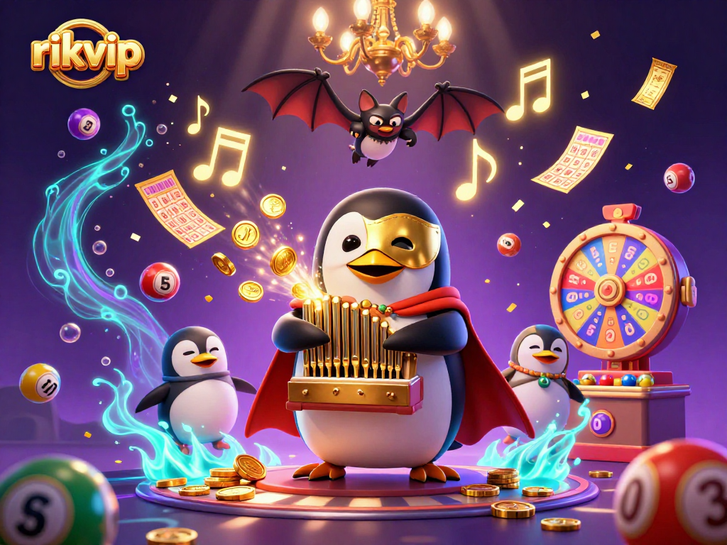 Engage with rikvip's thrilling casino scene featuring a penguin organist and dynamic lottery elements.