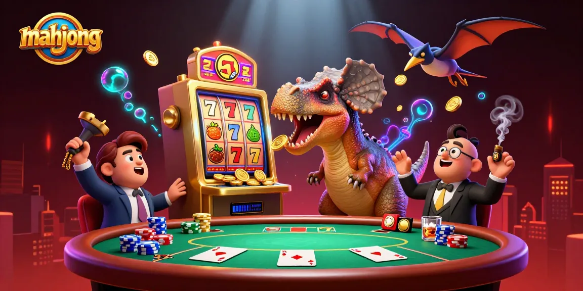 Mahjong game comes alive as dinosaurs collide with a jackpot slot machine in a dynamic casino scene.