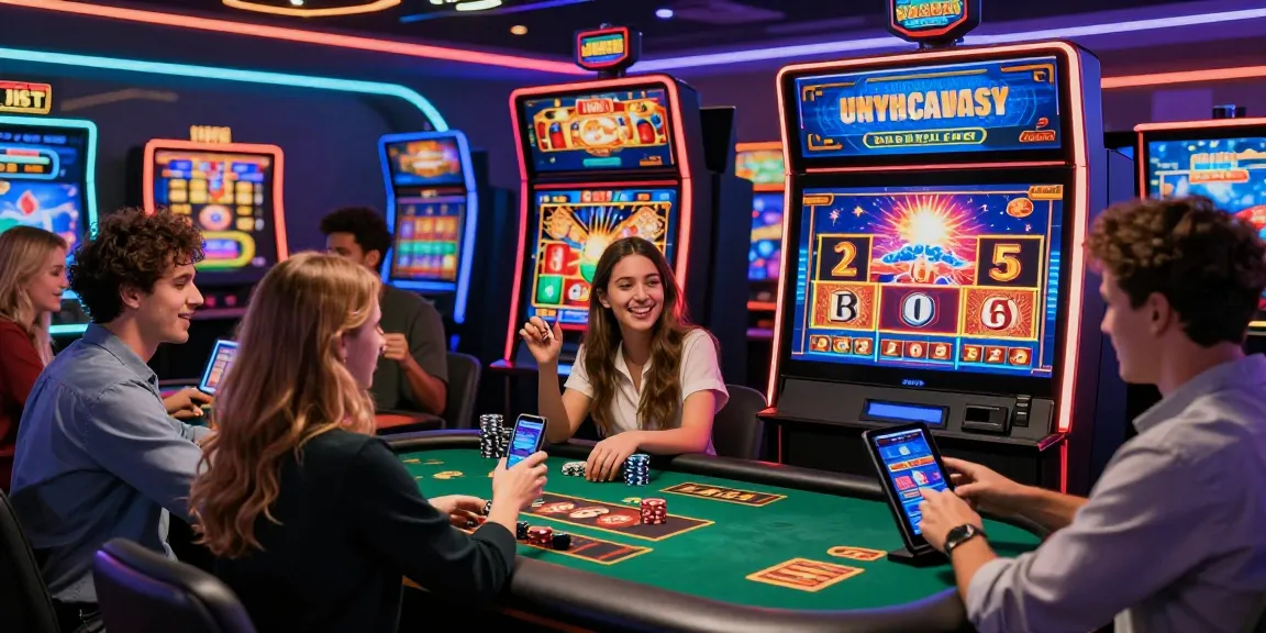 Diverse players enjoying exciting games at casinos not on gamstop with colorful digital designs and devices.