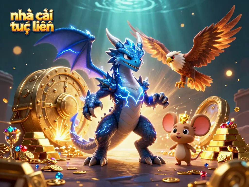 Experience the dynamic world of nhà cái trực tuyến with vibrant creatures and wealth in this 3D illustration.