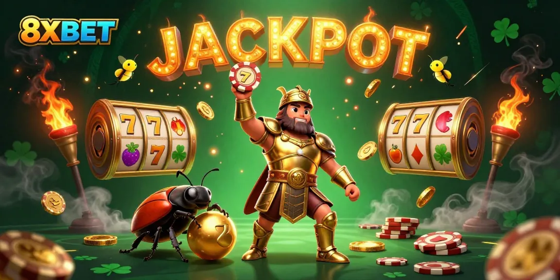 8XBET's 3D cartoon scene showcases a hercules beetle in golden armor celebrating a jackpot with vibrant game elements.