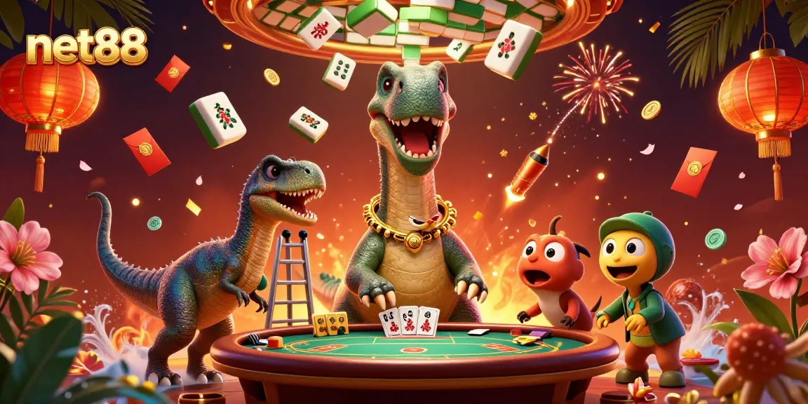 Engage in thrilling poker action at net88 with whimsical dinosaur dealers and vibrant casino elements.