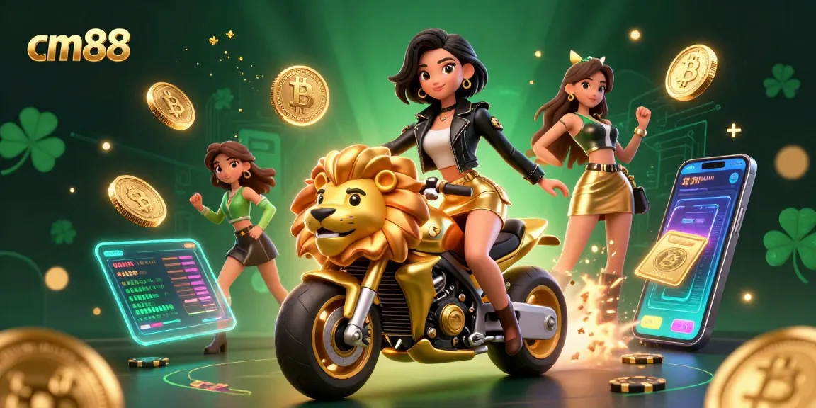 Experience the thrill of cm88 with a glamorous Asian woman riding a lion mascot amidst flying poker chips.