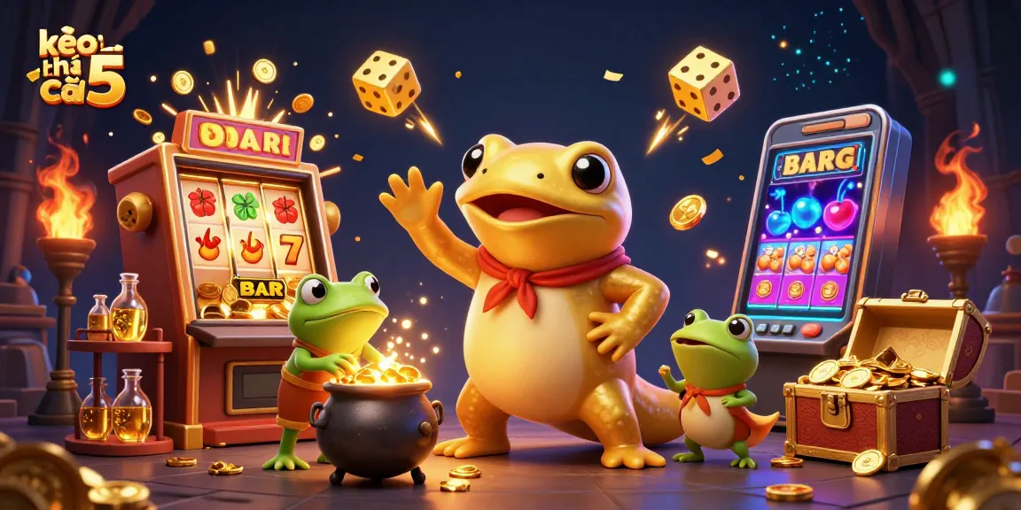 Spin the reels with kèo nhà cái 5 in a vibrant, magical 3D casino scene with gold and excitement.