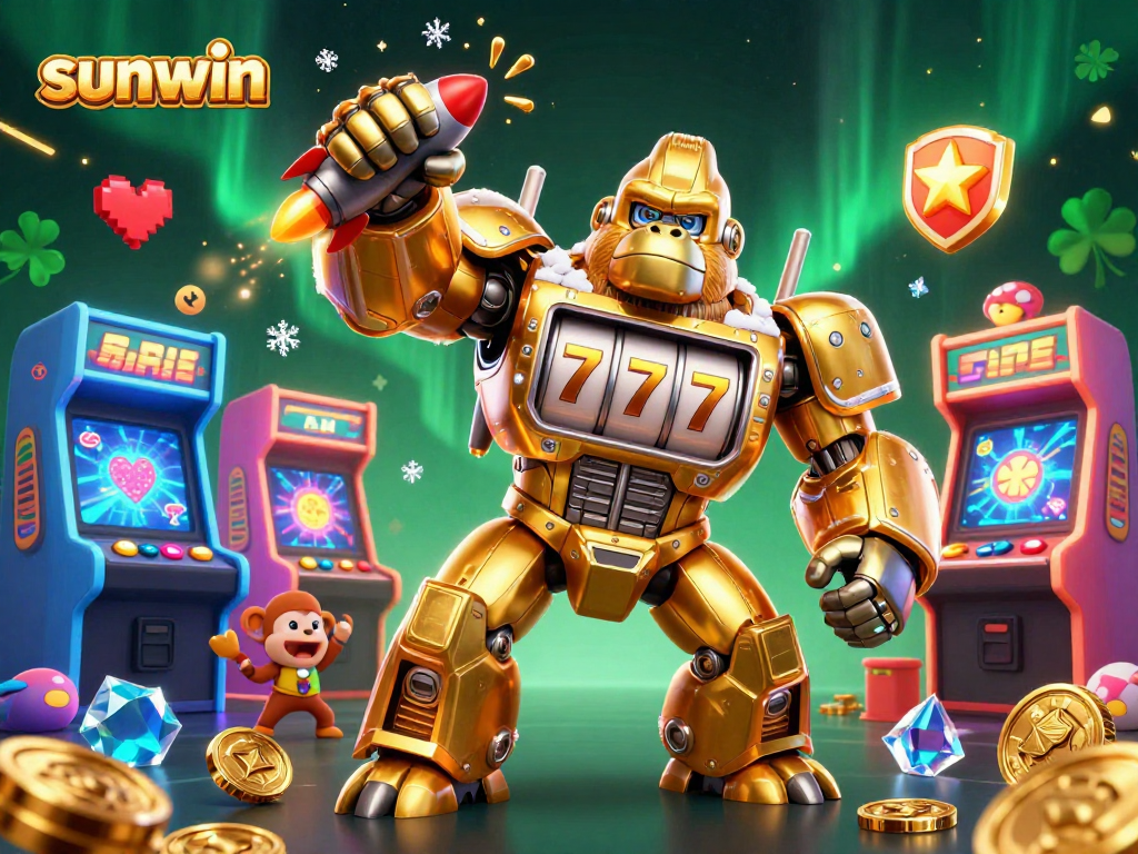 Experience the thrill of casino gaming with sunwin's vibrant golden gorilla mech illustration.
