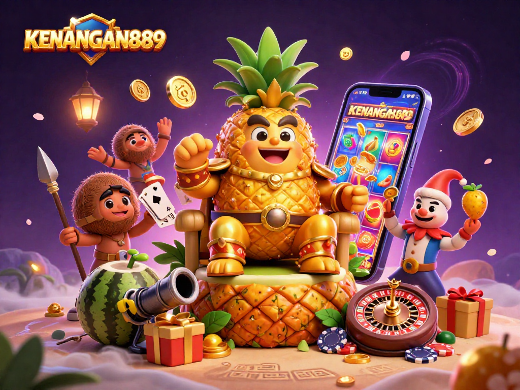 Experience gaming excitement with KENANGAN889 at a vibrant beach casino featuring a golden pineapple king.