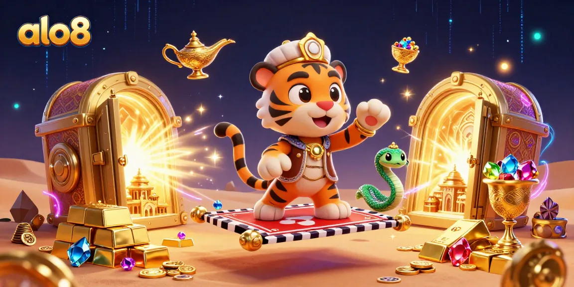 Play and win with alo8, featuring a sultan and genie in a vibrant, treasure-filled casino.