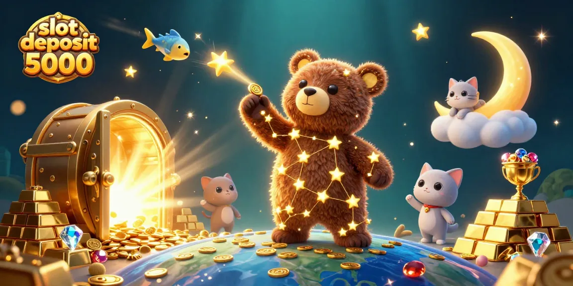 Experience winning excitement with slot deposit 5000 in a vibrant casino illustration filled with gold and treasures.