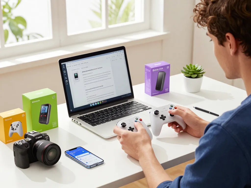Exploring cool tech gadgets under $103 in a modern workspace with Bluetooth devices and engaging reviews.