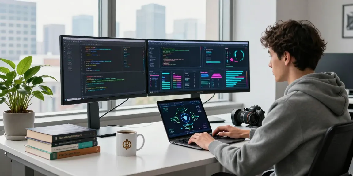 Developer using acrossprotocol in a modern tech workspace with cryptocurrency visuals.
