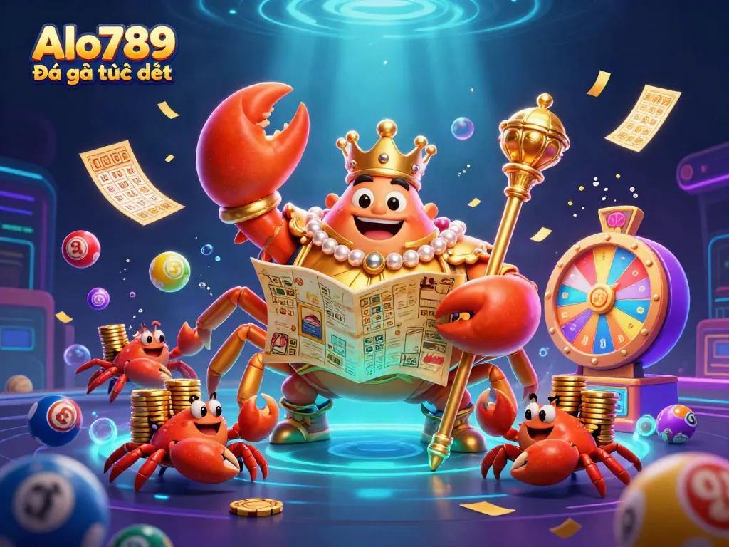 Alo789 Đá gà trực tiếp showcases a vibrant 3D crab emperor in a dynamic gaming scene filled with lottery elements and excitement.