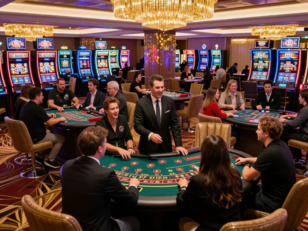 MM88 players enjoying various casino games on a vibrant floor, capturing the excitement of online gambling