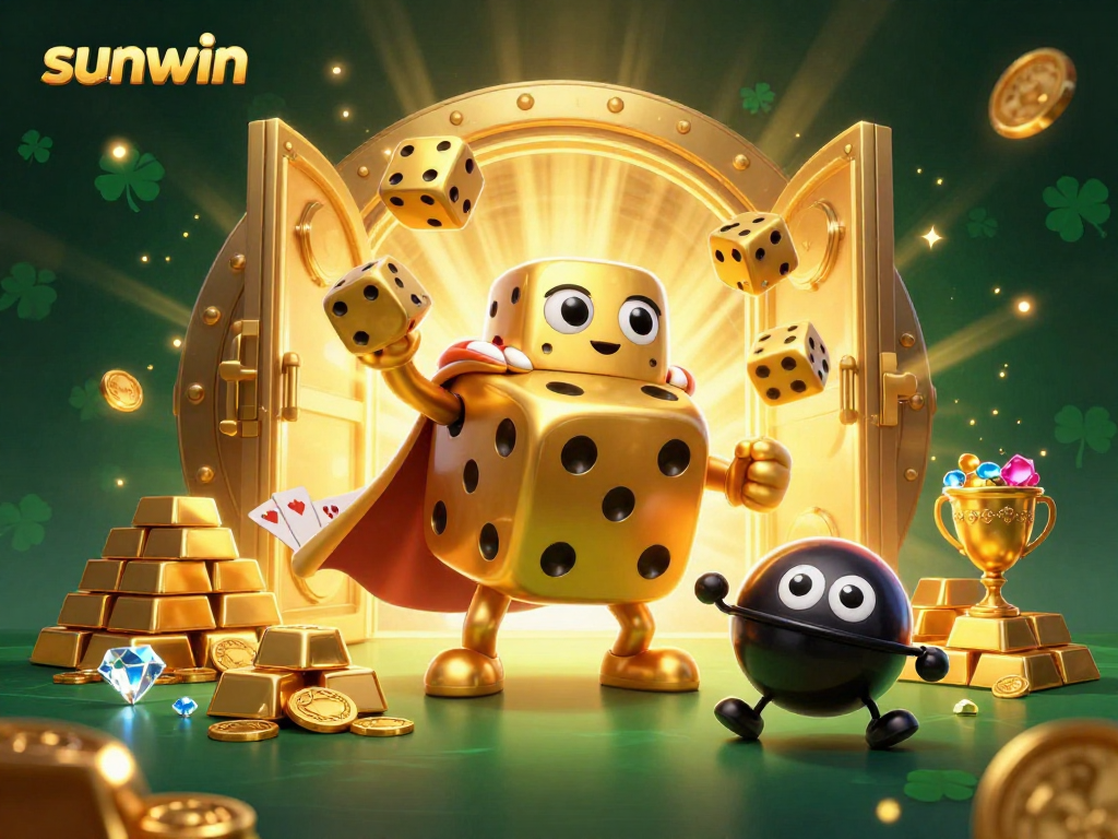 Experience sunwin's lively casino atmosphere with golden dice golems and vibrant treasures.