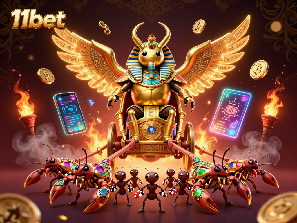 Experience thrilling 11bet adventures with a golden scarab beetle leading the way in an epic casino scene.