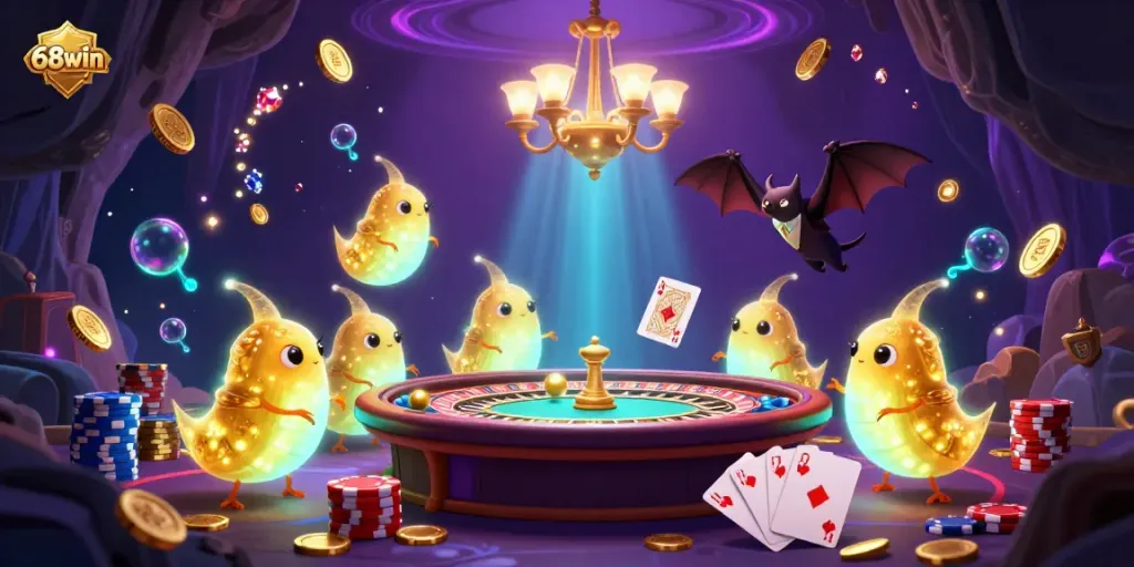 Experience the vibrant world of 68win with an illuminated glowworm casino scene featuring cascading coins and colorful games.