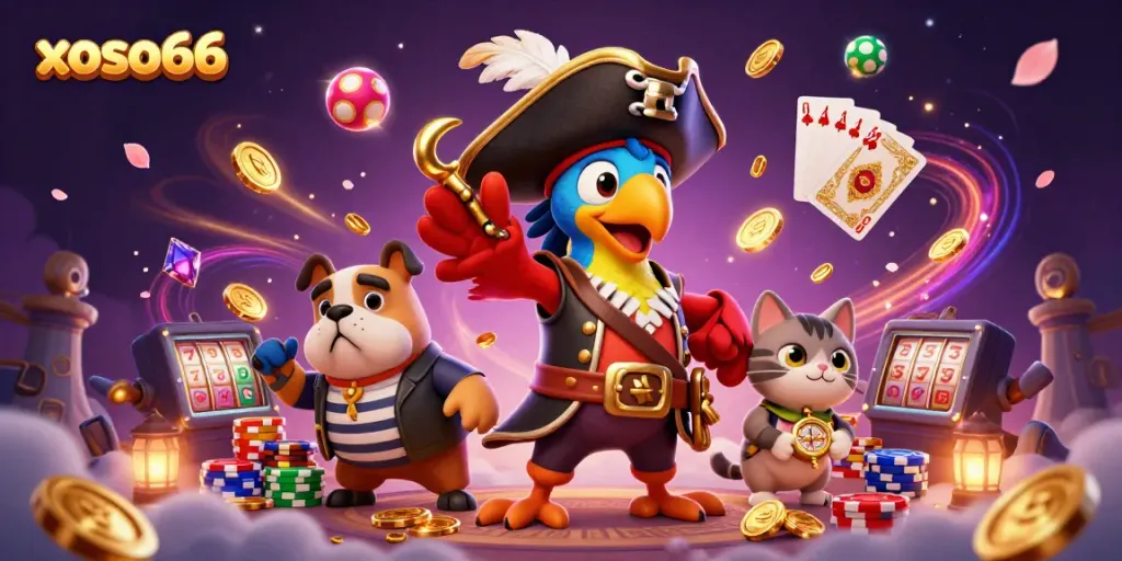 Experience the thrill of xoso66’s lottery with colorful 3D characters surrounded by coins and gems.
