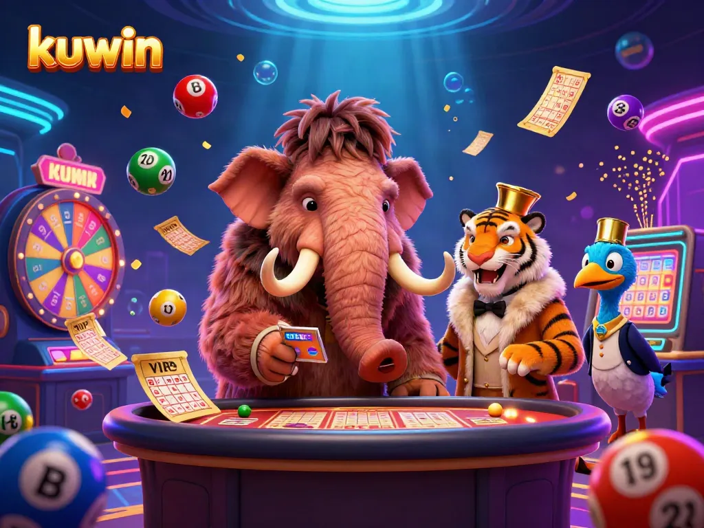 Kuwin's lively casino scene showcases a woolly mammoth bouncer, saber-tooth tiger VIP, and dodo doorman amidst lottery elements.